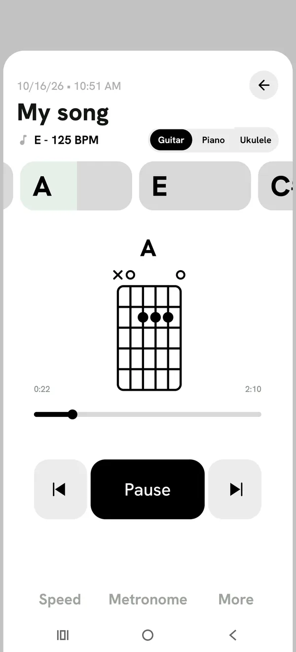 An imported song with its key, BPM and chords in time with playback